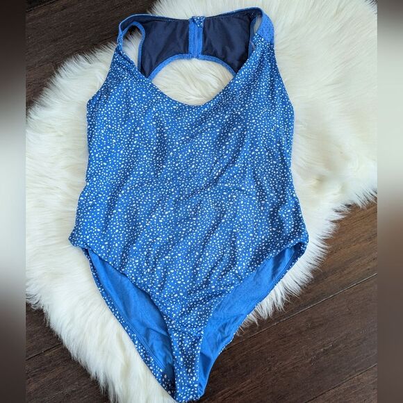 NWOT Nike Water Dots Women's Keyhole Back One Piece Blue Polka Dot Zip XL - Picture 2 of 9